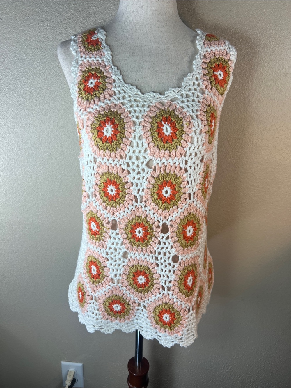 Another Love White Crochet Tank Top with Peach & Olive Motifs